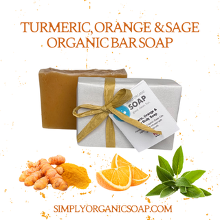 Bar Soap made with organic plant based oils and with Turmeric, Orange & Sage Essential oils and Turmeric Powder and showing the ingredients